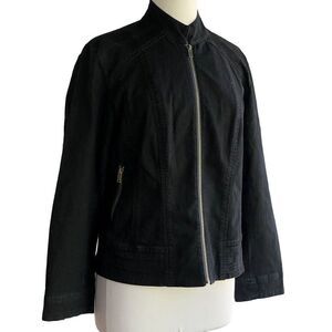 Chico's Platinum Dark Denim Zip Front Biker Jacket Zippered Sleeves Pockets Sz 1